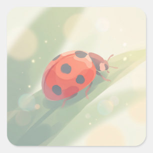 Delicate Red Ladybug on Green Leaf Square Sticker