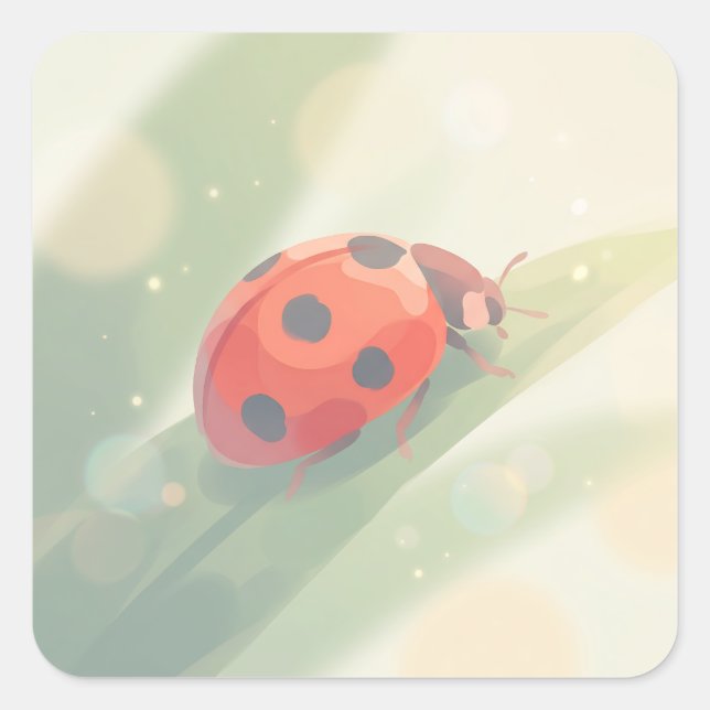 Delicate Red Ladybug on Green Leaf Square Sticker (Front)