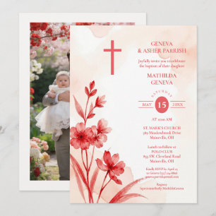 Delicate Red & Pink Wildflowers Baptism Photo Invitation