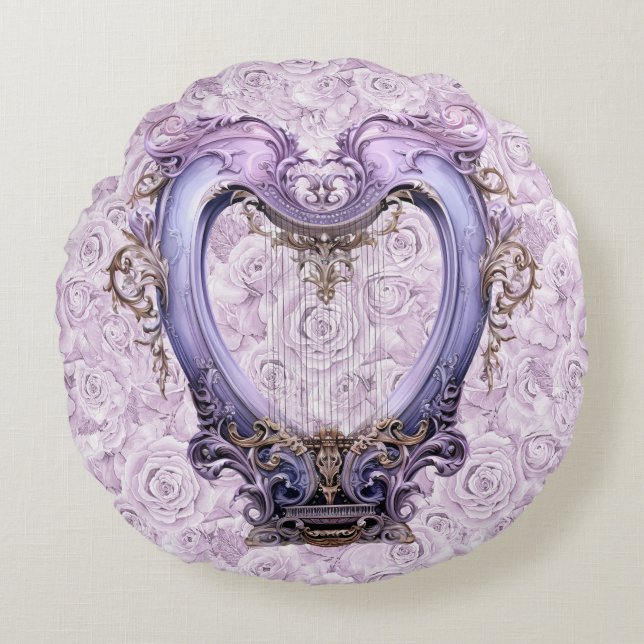 Delicate Rococo Lilac Lyra Harp Cotton  Round Cushion (Front)
