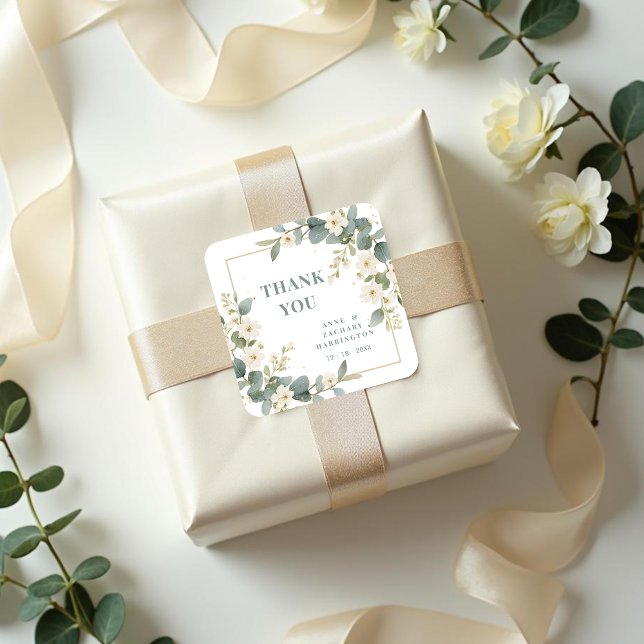 Delicate Romantic Floral and Branch Frame Wedding  Square Sticker (Delicate Romantic Floral and Branch Frame Wedding Thank You Square Stickers )