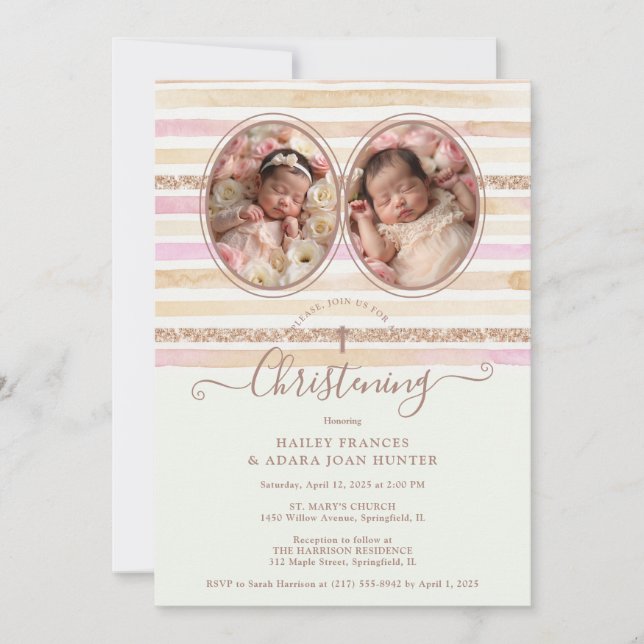 Delicate Romantic Glitter Stripes Twins Baptist Invitation (Front)