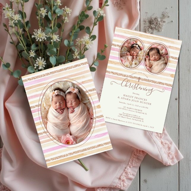Delicate Romantic Glitter Stripes Twins Baptist Invitation (Delicate Romantic Glitter Stripes Baby Twins Baptist Christening Invitation Card with Oval 3-Photo. )