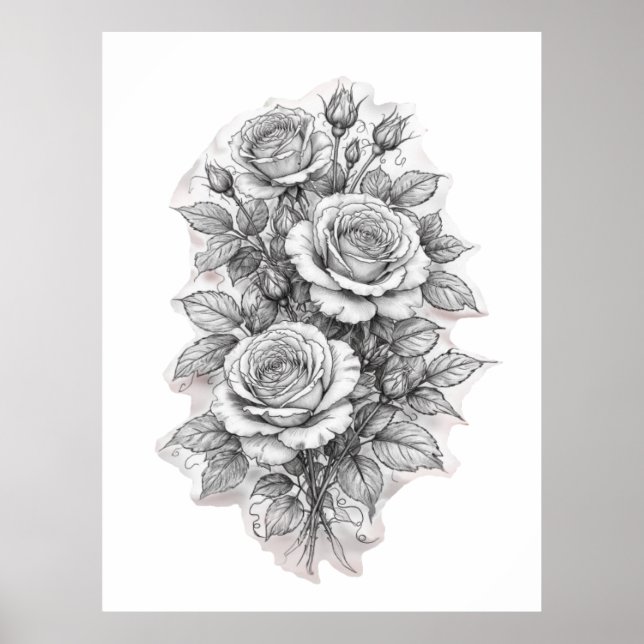 Delicate Romantic Rose Bouquet Sketch  Poster (Front)