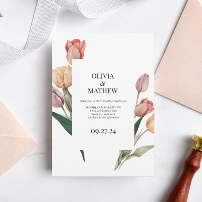 Delicate Romantic Tulip Watercolor Frame Wedding Invitation (Creator Uploaded)