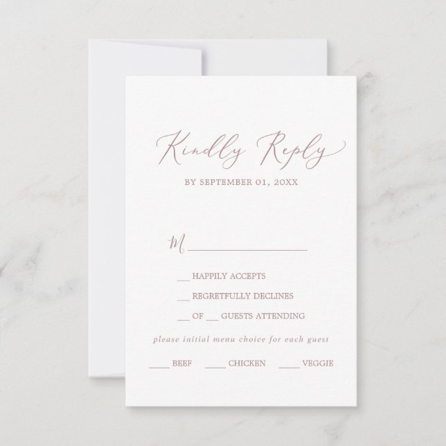 Delicate Rose Gold Calligraphy Menu Choice RSVP (Front)