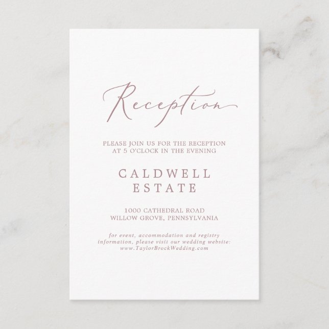 Delicate Rose Gold Calligraphy Reception Enclosure Card (Front)
