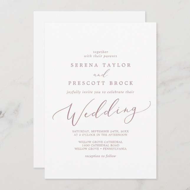 Delicate Rose Gold Calligraphy Wedding Invitation (Front/Back)