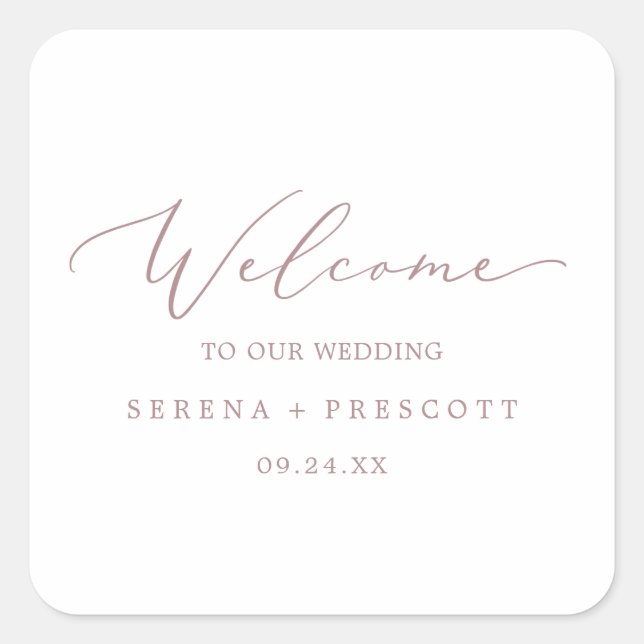Delicate Rose Gold Calligraphy Wedding Welcome Square Sticker (Front)