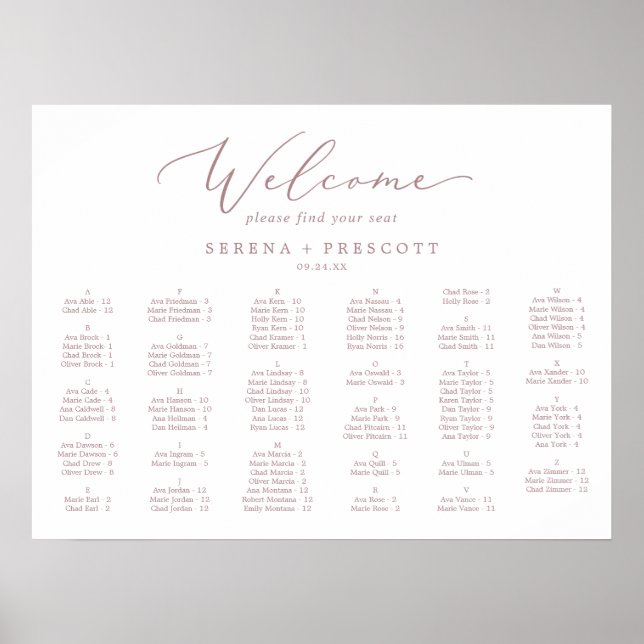 Delicate Rose Gold Horizontal Alphabetical Seating Poster (Front)