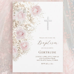 delicate roses and gypsophila bouquet Baptism Invitation