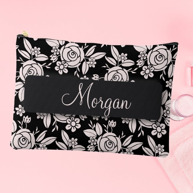 Delicate Roses Personalised Accessory Pouch (Customizable delicate roses makeup accessory zippered pouch.)
