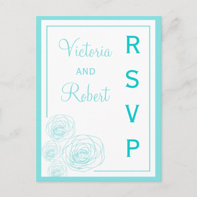 Delicate Roses RSVP Postcard, Turquoise Invitation Postcard (Front)