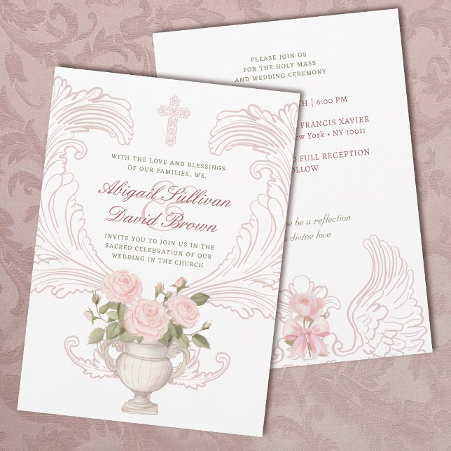 Delicate Roses Vase Catholic Wedding Invitation (Creator Uploaded)