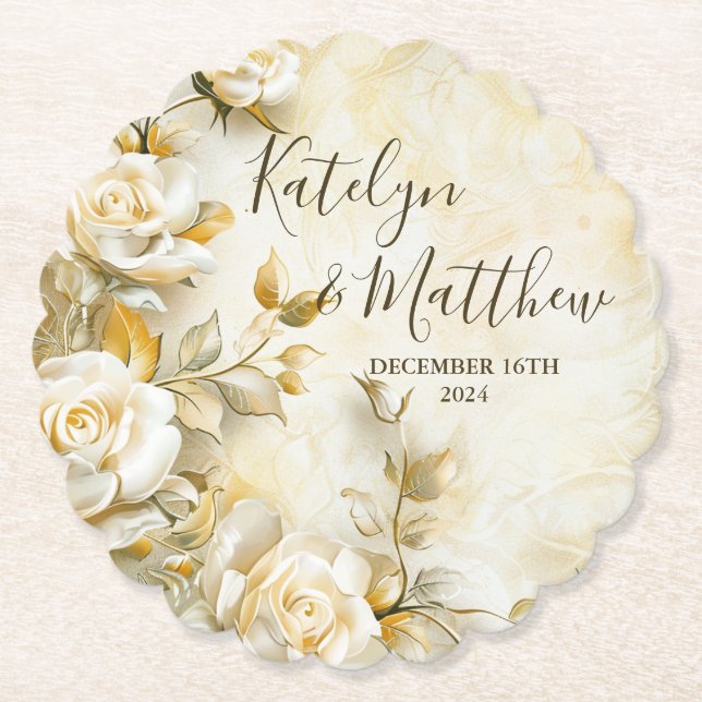 Delicate roses wedding custom paper coaster (Front)