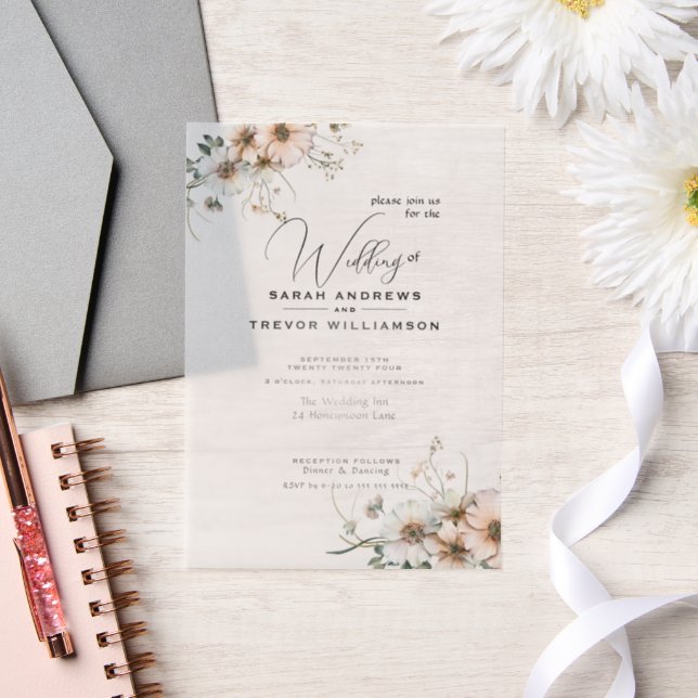 Delicate Rustic Boho Watercolor Wildflowers Vellum Invitations (Wedding)