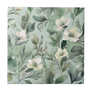 Delicate Sage Green Floral Pattern Ceramic Tile