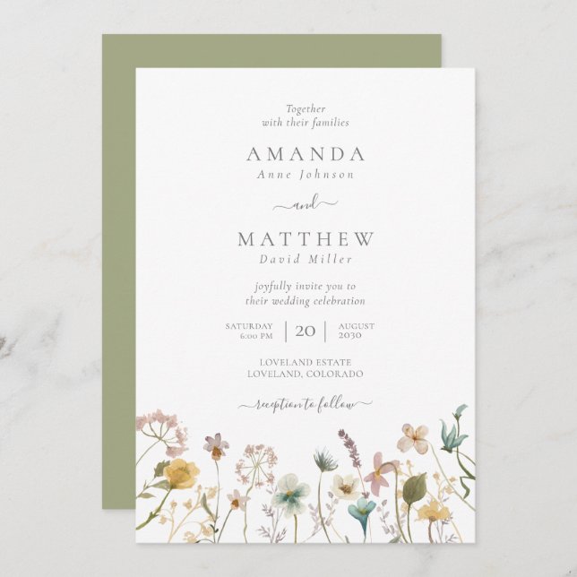 Delicate Sage Watercolor Pressed Flowers Wedding Invitation (Front/Back)