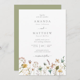 Delicate Sage Watercolor Pressed Flowers Wedding Invitation