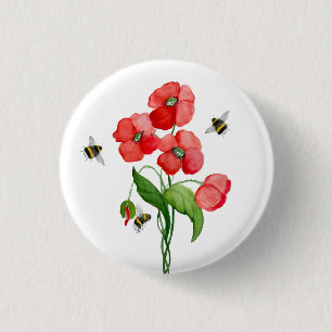 Delicate scarlet poppy flower and bumblebees 3 cm round badge
