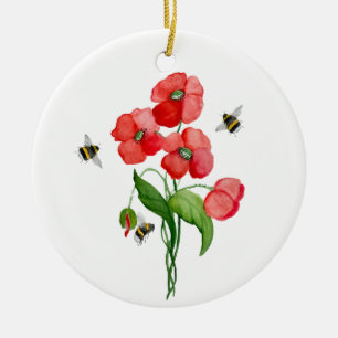 Delicate scarlet poppy flower and bumblebees ceramic ornament