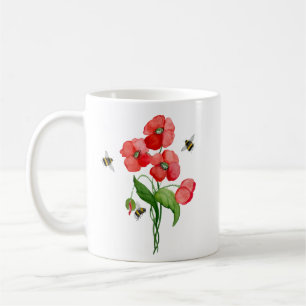Delicate scarlet poppy flower and bumblebees coffee mug