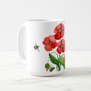 Delicate scarlet poppy flower and bumblebees coffee mug
