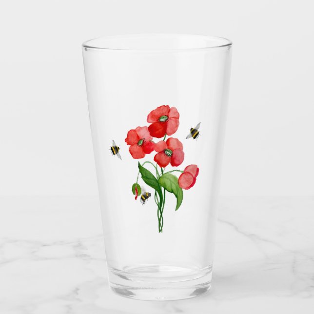 Delicate scarlet poppy flower and bumblebees glass (Front)