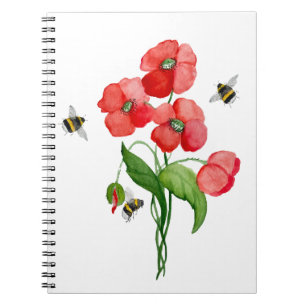 Delicate scarlet poppy flower and bumblebees notebook