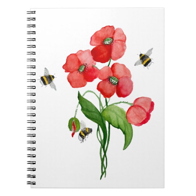 Delicate scarlet poppy flower and bumblebees notebook (Front)