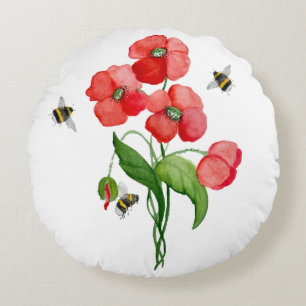 Delicate scarlet poppy flower and bumblebees round cushion