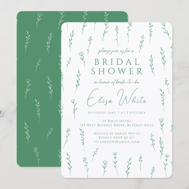Delicate Scattered Wildflowers Green Bridal Shower Invitation (Front/Back)
