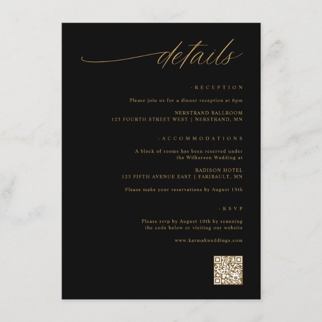 Delicate Script Black and Gold Wedding Details Enclosure Card (Front)