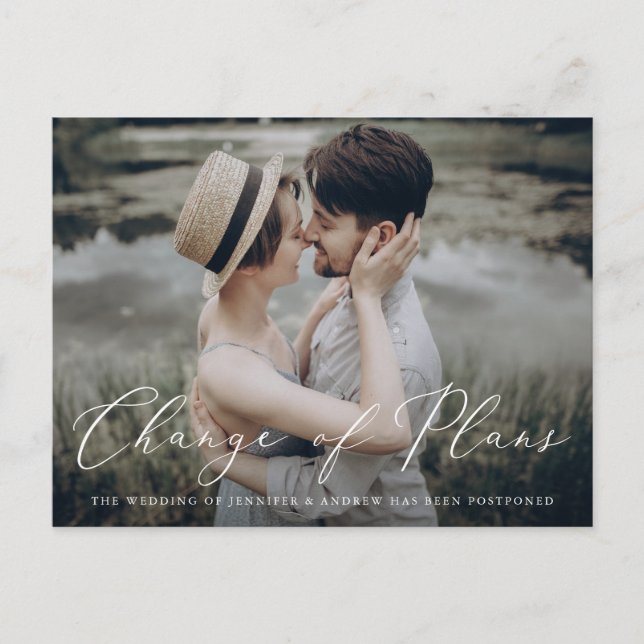 Delicate Script Change of Plans Postponement Announcement Postcard (Front)