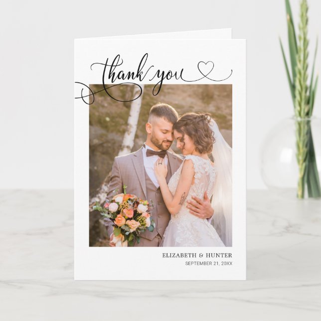 Delicate Script Heart Wedding Photo Thank You Card (Front)