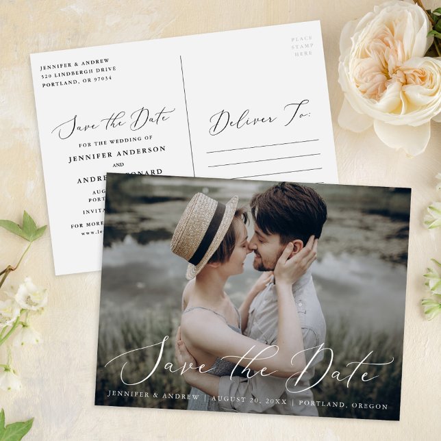 Delicate Script  Photo Wedding Save The Date Postcard (Creator Uploaded)
