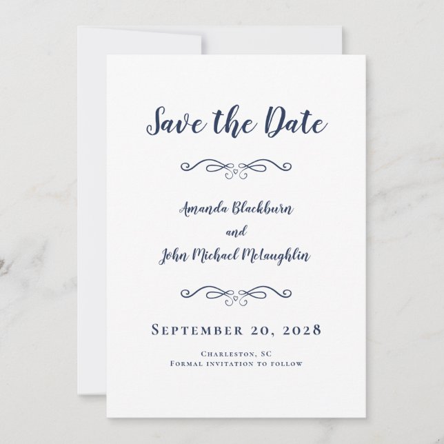 Delicate Script Romantic CalligraphyElegant Blue Save The Date (Front)