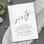 Delicate Script Simple Black & White 60th Birthday Invitation<br><div class="desc">Elegant and simplistic 60th birthday invitations with heading "sixty" text in a handwritten script. Black font on an airy white background.</div>