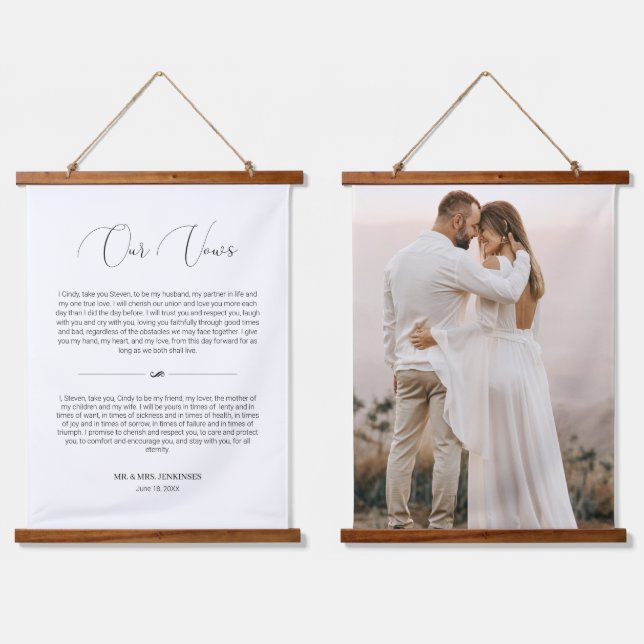 Delicate Script Wedding Vows Anniversary Photo Hanging Tapestry (Double)