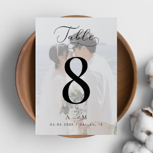 Delicate Script White Fade Photo Monogram Wedding Table Number