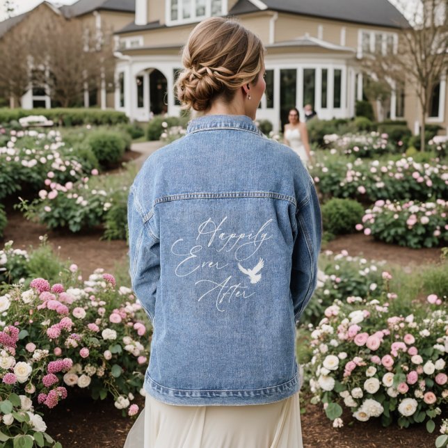 Delicate Scripted Happily Ever After Dove Denim Jacket (Wedding Back)