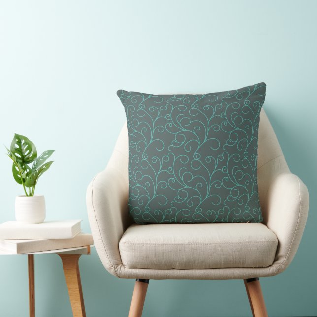 Delicate Scroll Abstract Dusty Grey Green Teal Cushion (Chair)