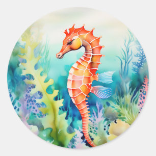 Delicate Seahorse with Coral Reef Watercolor Classic Round Sticker