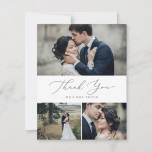 Delicate Silver Calligraphy 3 Photo Collage Thank You Card