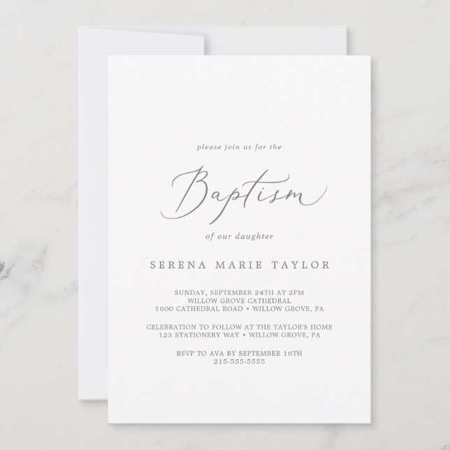 Delicate Silver Calligraphy Baptism Invitation (Front)