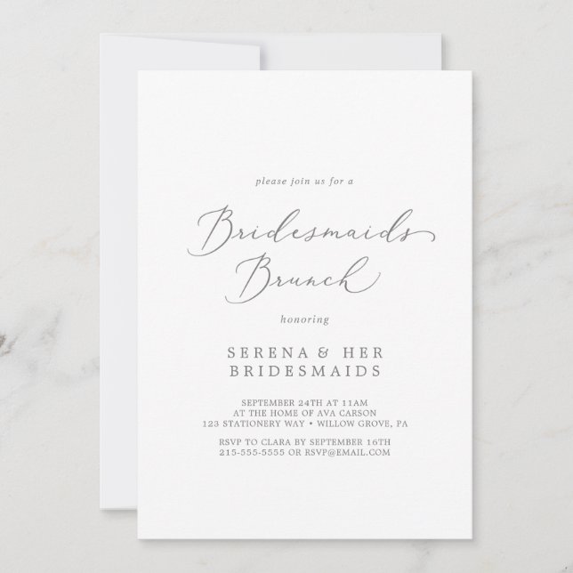 Delicate Silver Calligraphy Bridesmaids Brunch Invitation (Front)