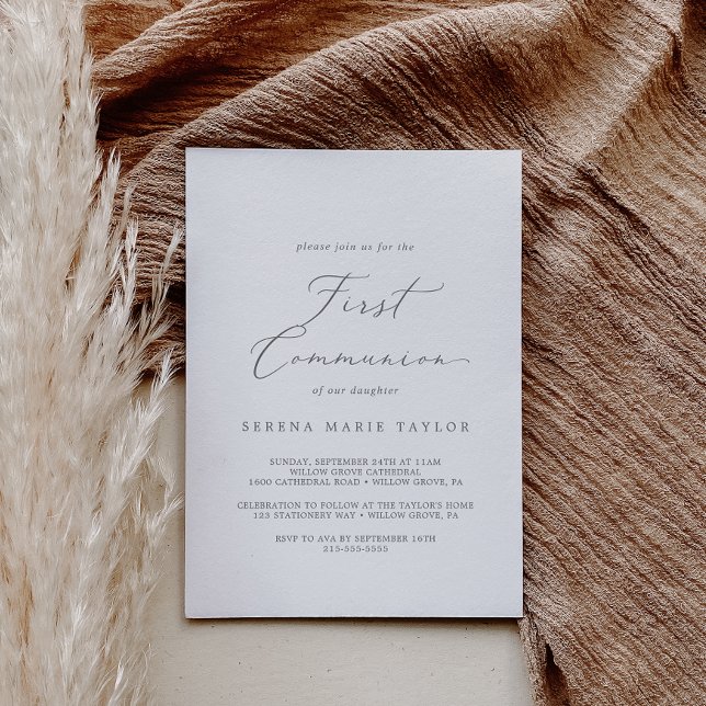 Delicate Silver Calligraphy First Communion Invitation (Creator Uploaded)