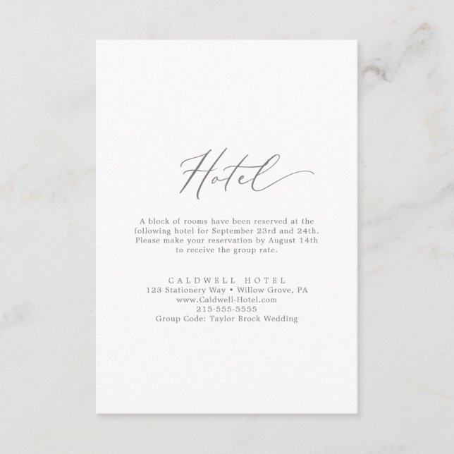 Delicate Silver Calligraphy Hotel Enclosure Card (Front)