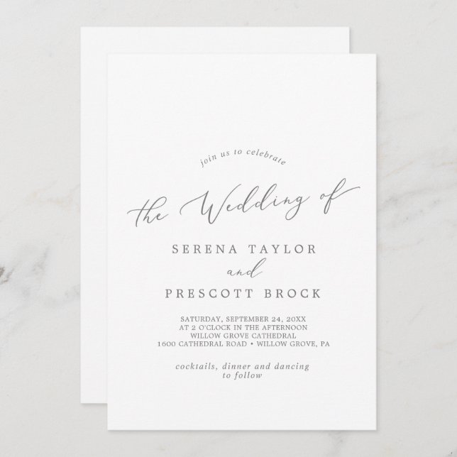 Delicate Silver Calligraphy Monogram Back Wedding Invitation (Front/Back)