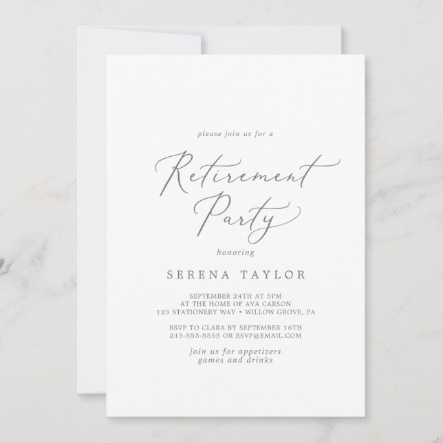 Delicate Silver Calligraphy Retirement Party Invitation (Front)
